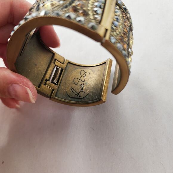 Heidi Daus Hinged Cuff Bracelet Watch Tan Swarovski Crystals Bangle Bronze New - Picture 9 of 11